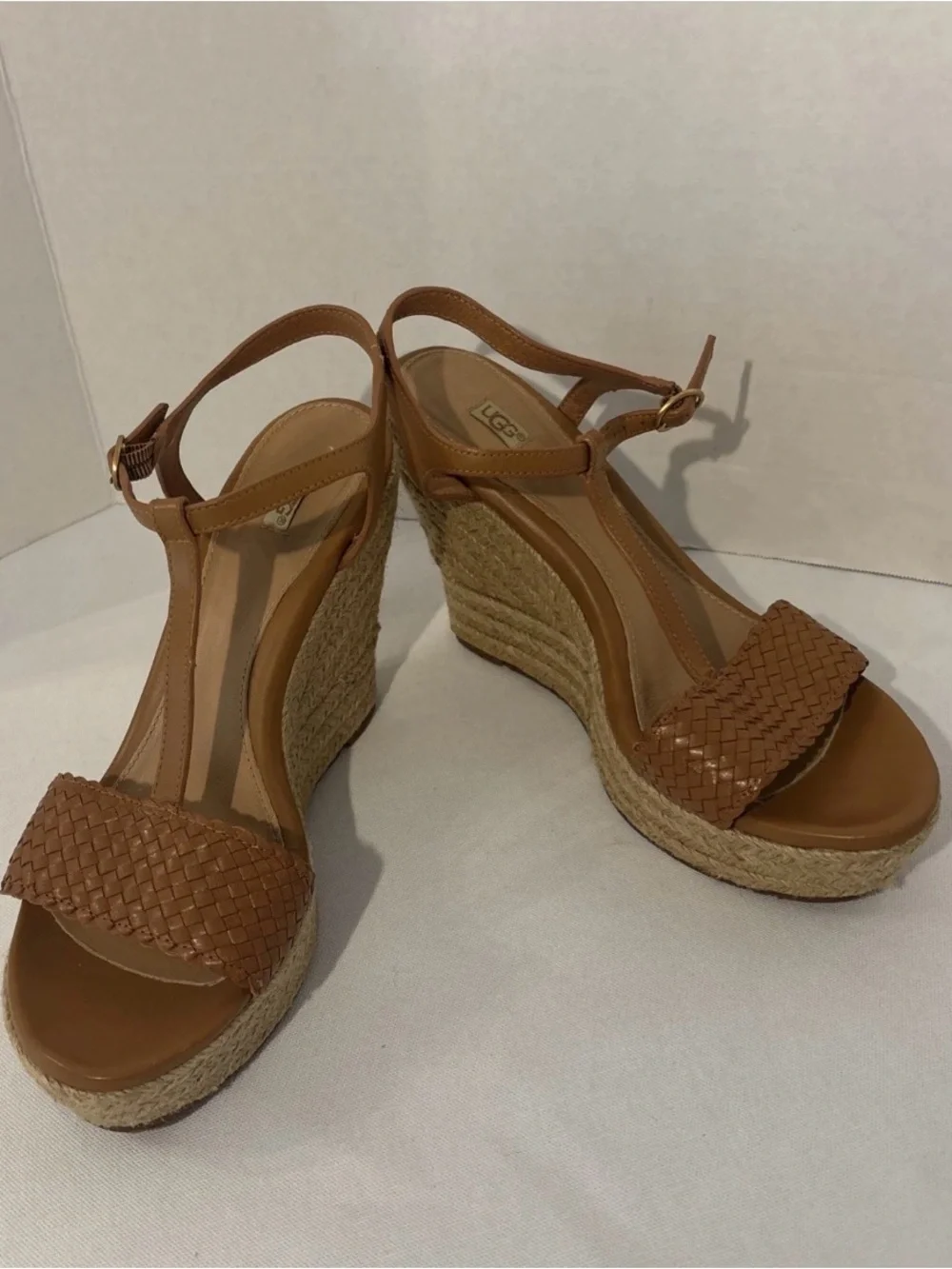 UGG Women's Tan Woven Leather Espadrille Wedge Strappy Sandals. Size 8.5